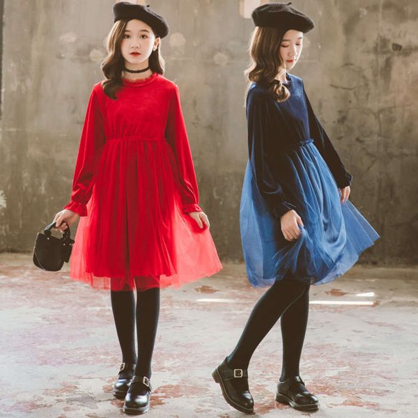 

autumn and winter girl's 2020 solid color korean veet mh stitching casual versatile drs princs skirt parent child, Red;yellow