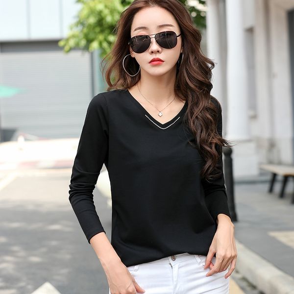 

2020 women's autumn new diamond chain v-neck women's long sleeve solid color versatile slim fit and bottom cotton t-shirt cotton t, White