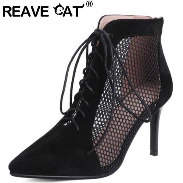 

reave cat new 2021 ladies sandals pointed toe 10cm high thin heels flock lace-up zip breathable big size 44 date a35631, Black