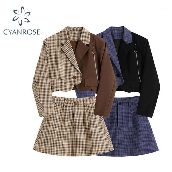 

two piece dress 2021 long sleeve plaid blazer short coat jacket & a-line skirt 2 pieces suit korean female office ladies suit1, White