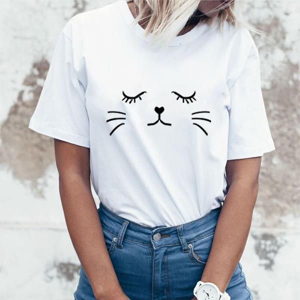 

hillbilly 2019 cat cute face printed for girls women summer kawaii short sleeve cotton selling ropa de gato para mujer, White