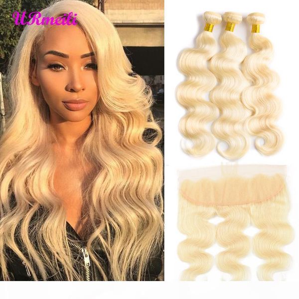 

raw virgin indian hair 613 blonde bundles with frontal pre plucked platinum blonde body wave human hair 3 bundles with frontal remy hair, Black;brown