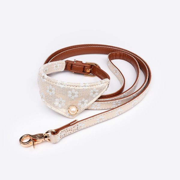 

adjustable pu material dog collar leash set fashion flower pattern scarf style lace cloth for medium small dogs leash 3 colors 1020