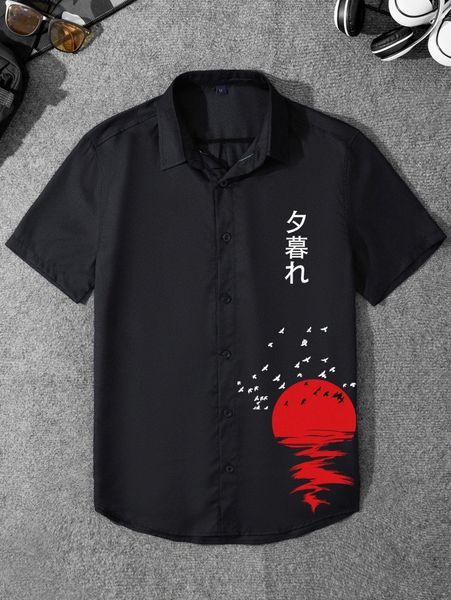 

men japanese letter & sun print high low hem shirt 39af#, White;black