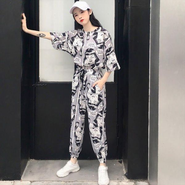 

women harajuku two piece set fashion cartoon printed short sleeves t shirt long pants korean casual tracksuits suit, Gray