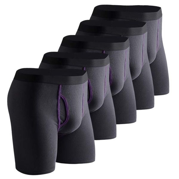 

new 5 pcs/lot mens long boxers solid breathable cotton boxer for mens underwear men boxershorts u-convex black grey blue us size 201023, Black;white