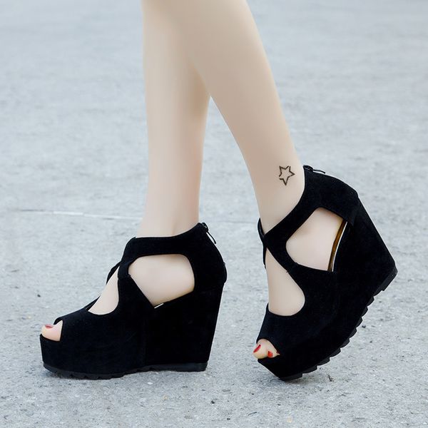 

spring and summer fish mouth wedges with platform platform sandals women's shoes, Black