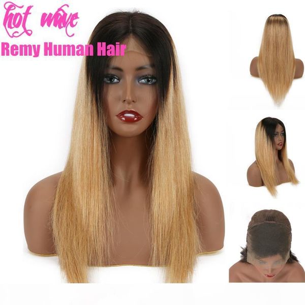 

wave cuticle aligned brazilian raw virgin human hair front lace wig for women ombre black gold 1b27 middle part straight, Black;brown