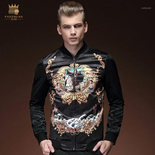 

fanzhuan fashion casual new men's male man spring printed jacket slim collar personality original thin coat 150061, Black;brown