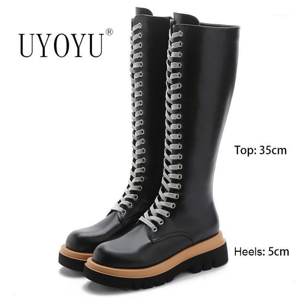 

uyoyu brand genuine leather increased women 2020 boots shoes for winter boots knee-high woman casual autumn botas mujer female1, Black