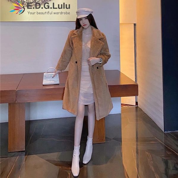 

edglulu осень зима женщин с разворотом воротник пальто стильный женский густой теплый кашемир длинный куртку повседневную улицу 1215, Tan;black