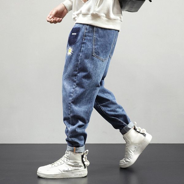 

2021 new autumn newly fashion men jeans loose fit plus size 28-42 embroidery harem pants japanese designer wide leg trousers xjsj, Blue