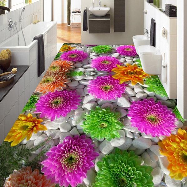 

custom self-adhesive floor mural 3d flowers cobblestone plants floors stickers bathroom living room pvc waterproof wallpaper 3 d1