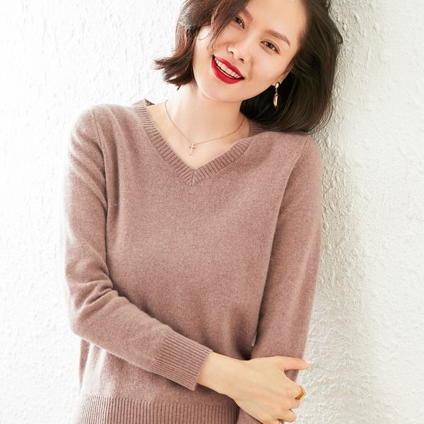 

2021 100% cashmere goat knits pullovers 15 colors high-quality soft v-shirt ladies jumpers women's clothes 236o, White;black