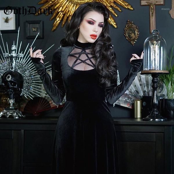 

goth dark vintage velvet gothic dresses elegant black slit hem long sleeve women midi dress hollow out draped evening wear1, Black;gray