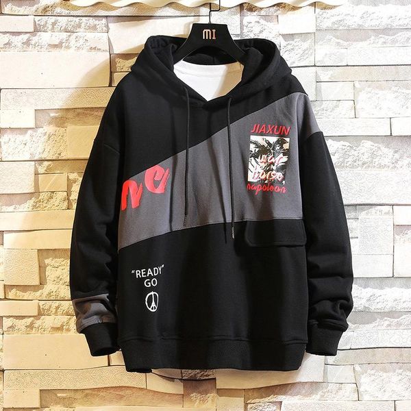 

cyxzftrofl 2019 autumn winter loose men pullover sweatshirt hoodies new fashion hooded contrast stitching plus size tracksuits 21, Black