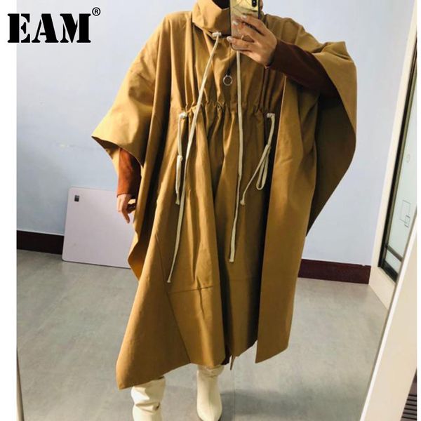 

eam] women khaki drawstring big size long trench new turtleneck long sleeve loose windbreaker fashion spring autumn 2020 1da280 1028, Tan;black