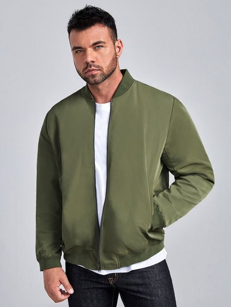 

extended sizes men solid drop shoulder bomber jacket r6do#, Black;brown