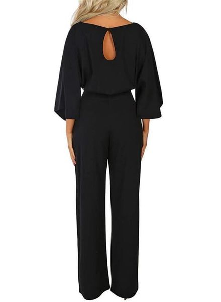 

2019 new womens elegant fashion high waist lace up jumpsuit romper 3/4 sleeve solid evening party ball wide leg playsuit, Black;white