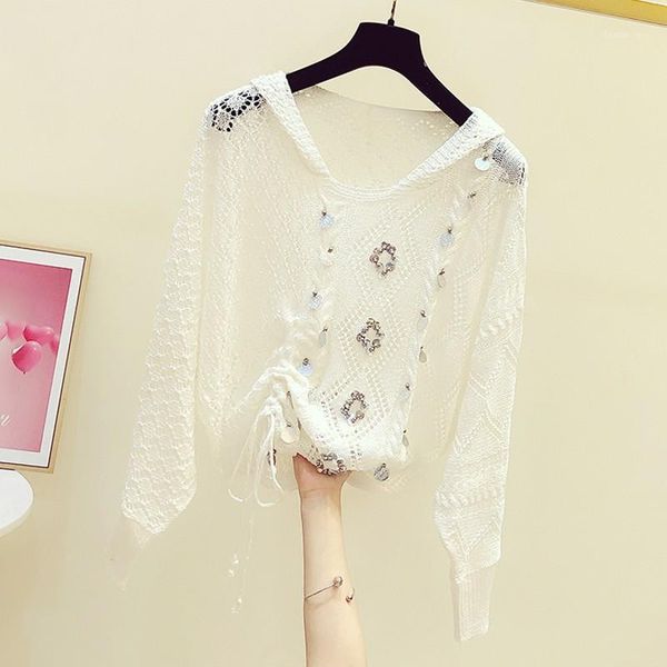 

2020 autumn sequined sweater women pleated long-sleeved hooded hollow sweaters women's casual knitwear student knitted pullover1, White;black