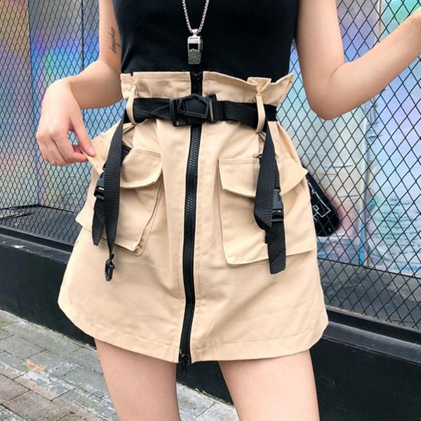 

women's summer harajuku skirt with belt pocket zipper decorative black tooling skirts female fashion khaki high waist mini skirt1