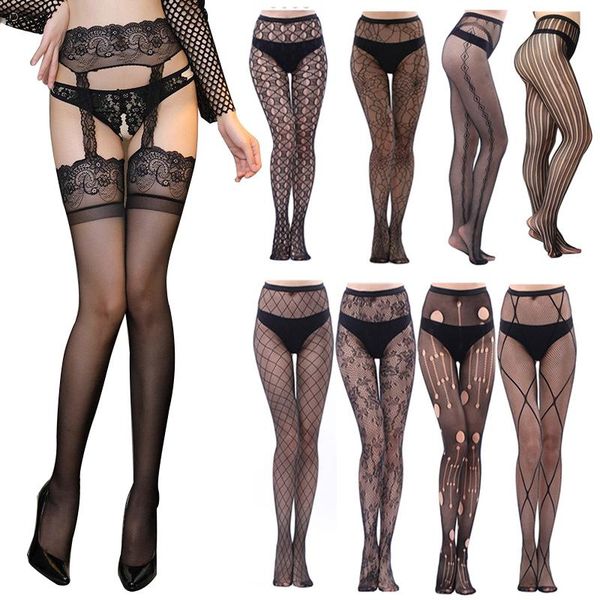 

socks & hosiery open crotch pantyhose temptation thigh high stockings lace mesh hollow out crotchless women tights lady, Black;white