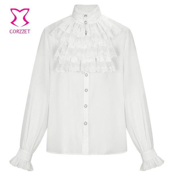 

victorian white stand collar long sleeves mens shirt steampunk medieval cosplay costumes vintage plus size gothic clothing, White;black