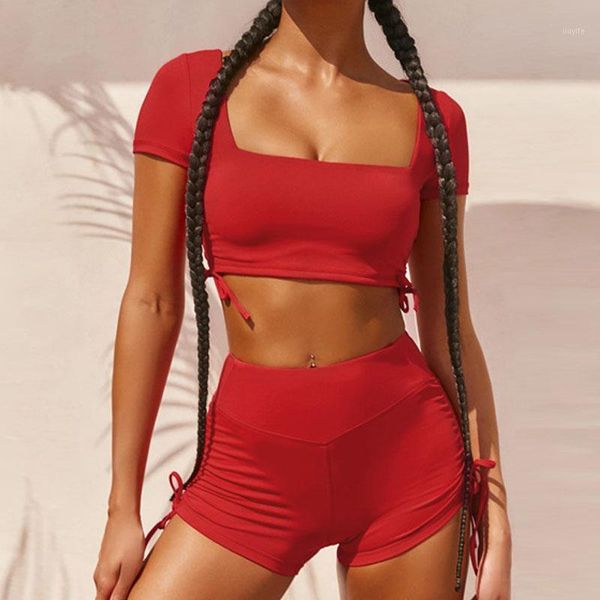 

lace up pleated square collar two piece set women summer tank and high waist shorts streetwear wear fitness sets1, White