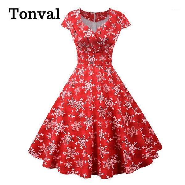 

tonval snowflake print red v neck wrap high waist vintage robe women christmas gift cap sleeve elegant party dress plus size1, White;black