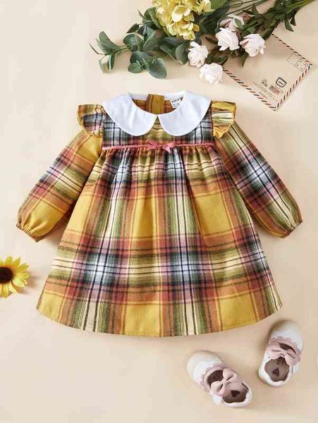 

baby tartan print contrast peter-pan collar ruffle trim dress she, Red;yellow