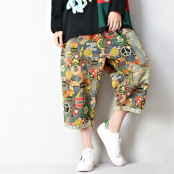 

johnature elastic high waist print pants new 2020 autumn women casual multicolor patchwork loose ankle-length harem pants1, Black;white