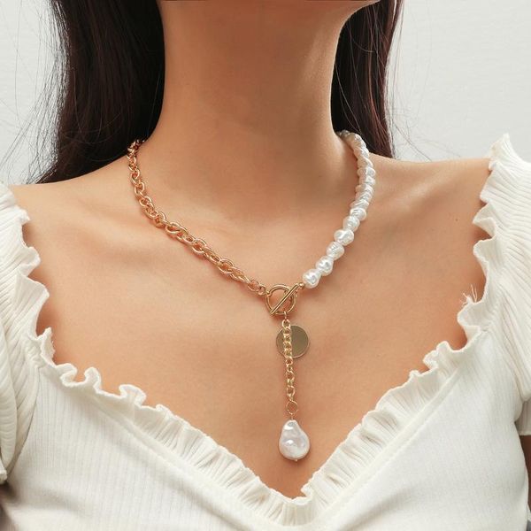 

chokers layered bohemia imitation pearl baroque choker necklace round sequins pendant long necklaces for women jewelry, Golden;silver