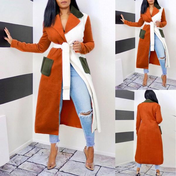 

winter warm women's fashion loose jacket lapel cardigan splicing overcoat slim medium-length tweed windbreaker coat, Black;brown