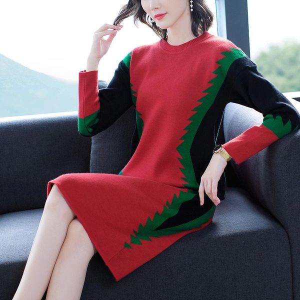 

women's sweaters 2021 casual vintage 3xl plus size women elegant bodycon autumn winter black patchwork knitting wool sweater midi dress, White;black