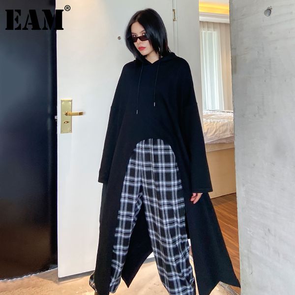 

[eam] loose fit black irregular long sweatshirt new hooded long sleeve women big size fashion tide spring autumn 2020 lj201102