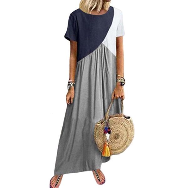 

robe geometric stitching irregular short sleeve women maxi dress summer boho beach loose casual long dresses plus size 4xl, Black;gray