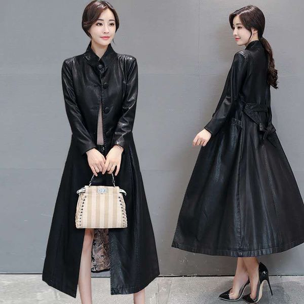 

autumn women pu long jacket windbreaker trench coat slim female bomber faux leather outwear blazer lady spring overcoat, Tan;black