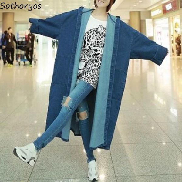 

trench women solid open stitch loose denim hooded fashion leisure vintage korean style streetwear chic womens coats bf oversize1, Tan;black