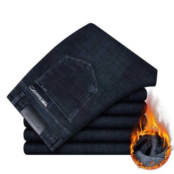 

men's jeans winter warm for men 2021 solid casual fleece full length, Blue