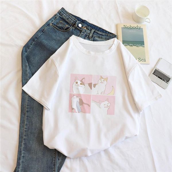 

female cartoon cat tees short sleeve casual print ulzzang clothes kawaii harajuku album dropshipping vintage women t shirt, White