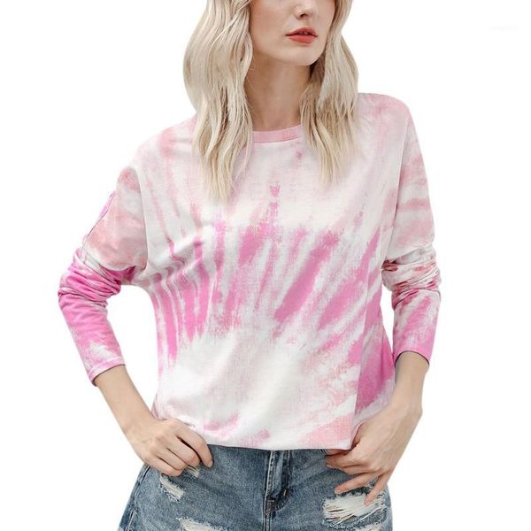 

women's t-shirts autumn winter female loose casual minimalist tie dye print long sleeve round color tee shirts women 1, White