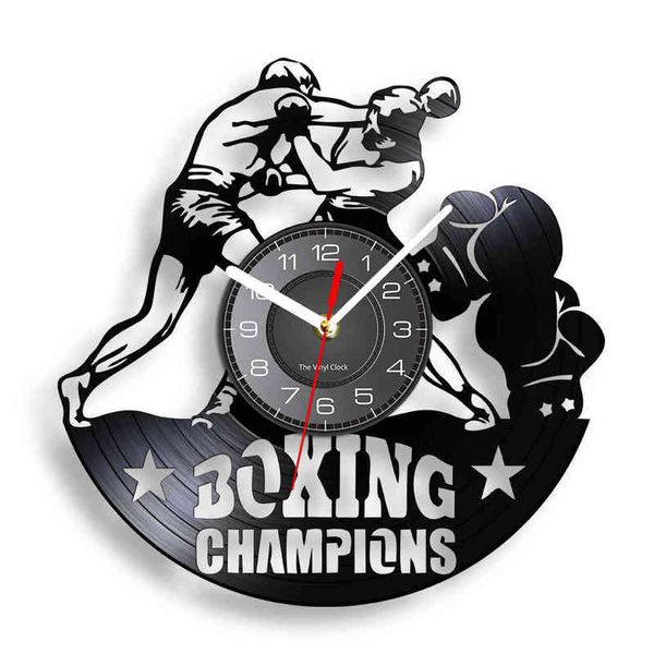 Die Vinyl-Uhr Boxer Champions GYM Fighting inspirierte Boxhandschuhe für Heimdekoration, Wandkunst, Vinyl-Album, Disk-Crafts-Uhr H1230