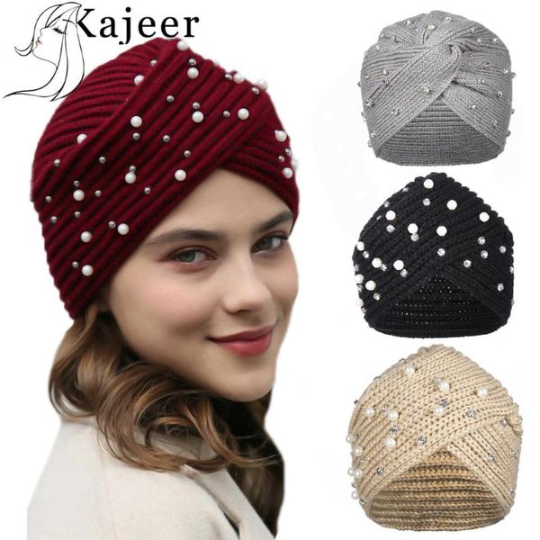

beanie/skull caps kajeer knit headbands for women hijab elastic cross knotted winter warm turban hat rhinestone pearl bandanas muslim, Blue;gray