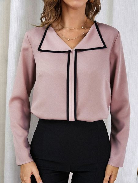 

fold over contrast binding blouse g9bo#, White