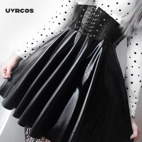 

uvrcos women's skirts gothic bandage faux leather korean fashion black mini pleated skirts 2020 summer party y1214
