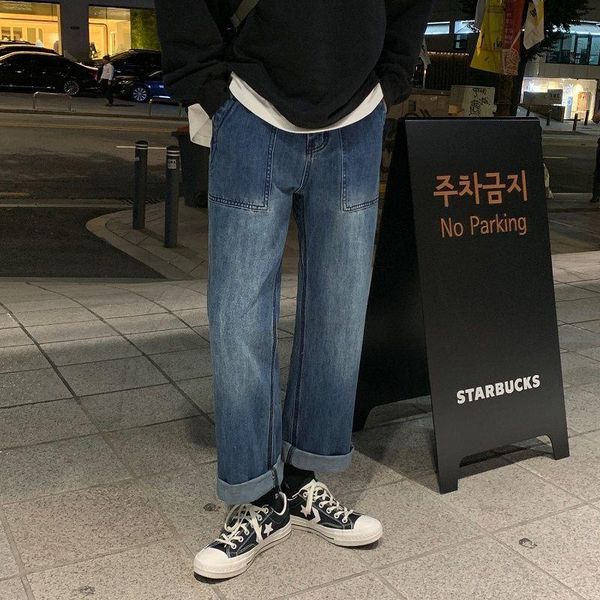 

men's jeans 2021 spring and winter solid color retro tooling wide-leg pants loose casual fashion young clothing, Blue