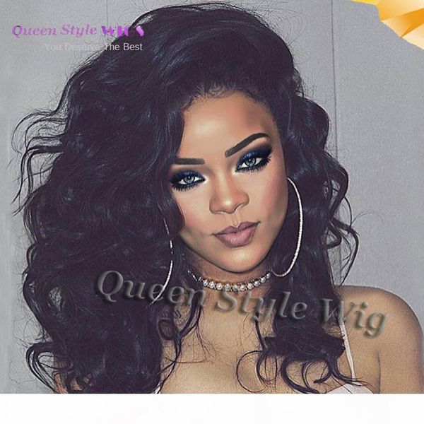 

wholesale celebrity rihanna hairstyle brazilian lazzy loose wave wigs #1b black synthetic glueless full lace front wig with baby hair