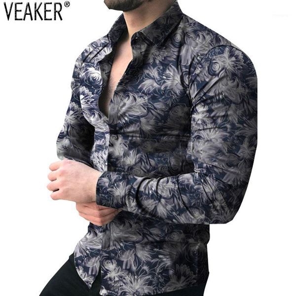 

2020 autumn new men's long sleeve floral shirts male slim fit flower printed shirts men casual print shirt -3xl1, White;black