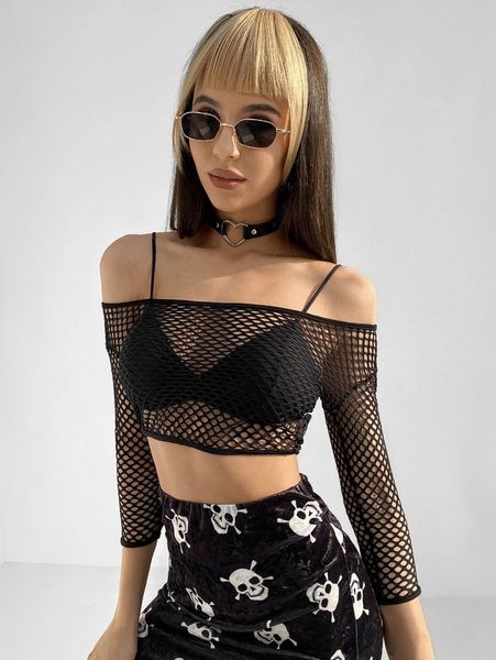 

off shoulder sheer mesh crop without bra 35ly#, White