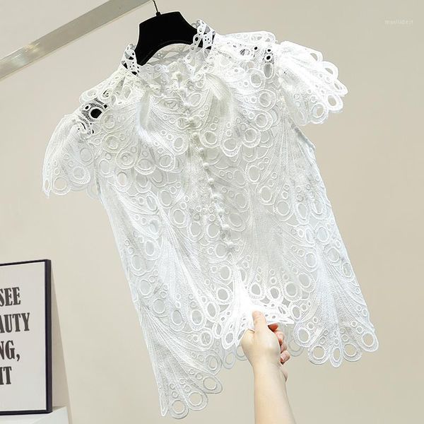 

vintage stand collar hollow lace shirt female summer lace blouse blusas mujer de moda 2020 lady's slim with strap liner1, White